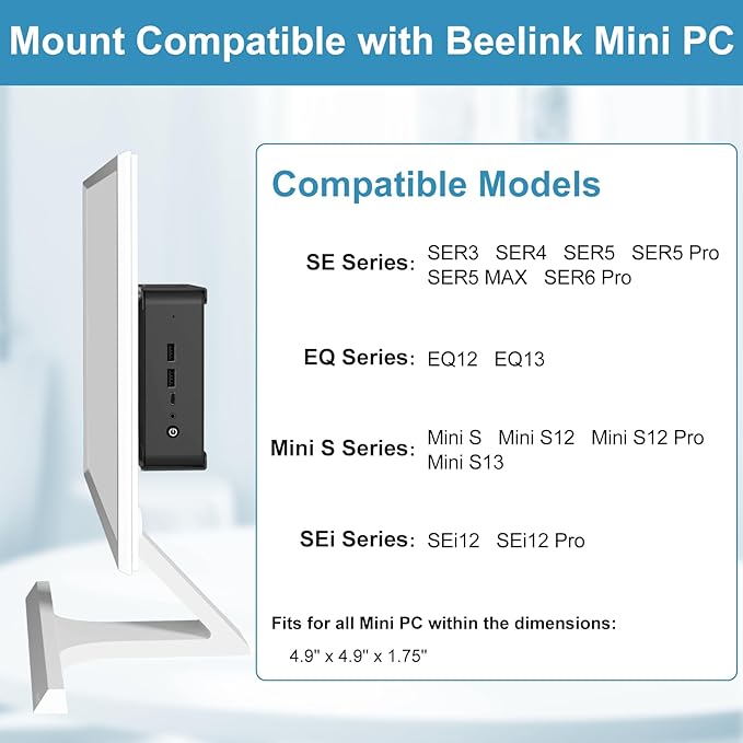 Metal Mini PC Mount for Beelink Vesa Mount, for SER5/SER5 Pro/SER5 MAX/S12 Pro/S13/SER6 Pro/SER3/SER4/EQ12/EQ13/Mini S/S12/SEi12/SEi12 Pro, Wall Mount and Under Desk, Easy to Install