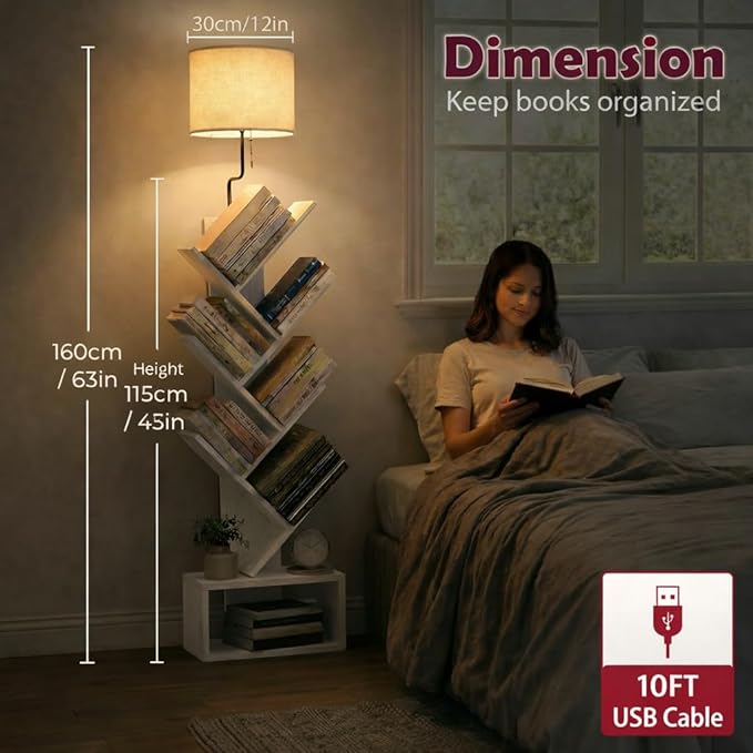 XBurmo 6 Tier Tree Bookshelf with Lights - Small Bookshelf Decor, Corner Bookshelf with Lamps, Living Room Storage, Tall Narrow DVD & CD Shelf, Comic Bookcases Standing for Bedroom or Office, White