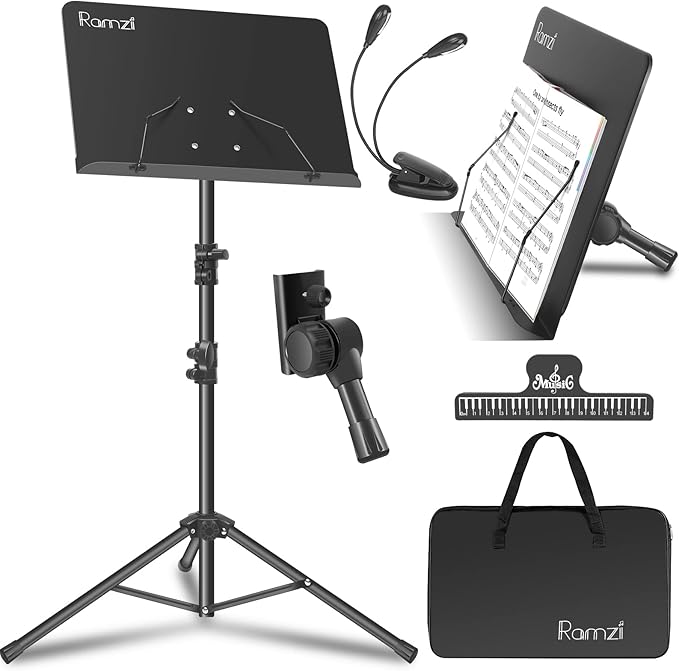 Ramzi Music Stand For Sheet Music 5 In-1 Dual-Use Desktop Book Stand , Music Stand Light, Carrying Bag, Sheet Music Clip