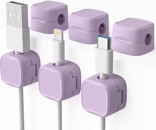 6 Pack Magnetic Cord Organizer & Cable Clips - Adjustable Under Desk Cable Management, Adhesive Wire Holder for Home, Office, Phone, Car, Wall, and Nightstand (Violet)
