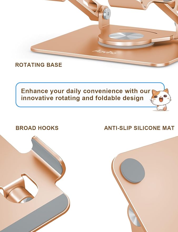 Aoviho Tablet Stand 360° Rotating Aluminum Holder, Adjustable, Portable and Foldable Monitors Stand for iPads, Compatible with 4-12.9" Tablets, Golden