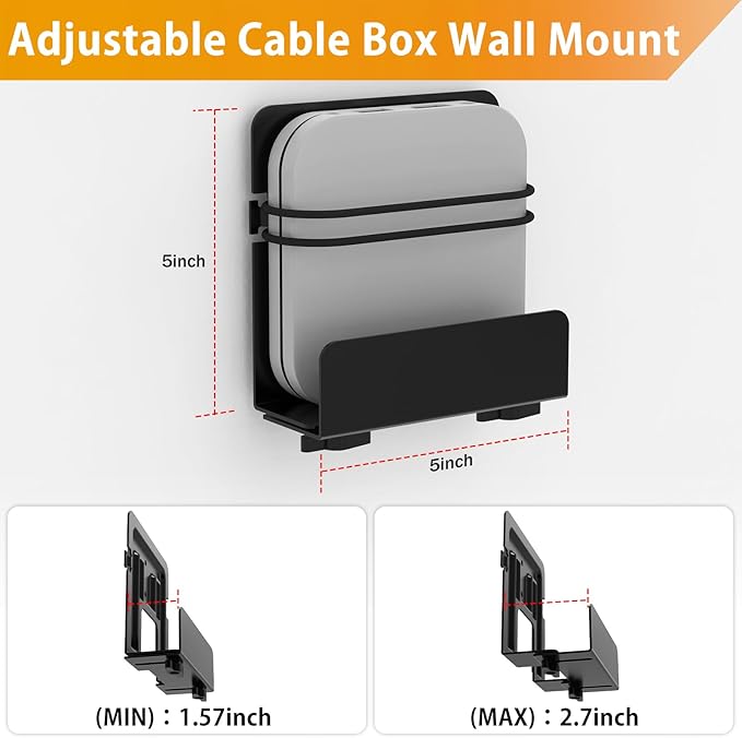 Cable Box Mount, Modem Mount, Adjustable Cable Box Wall Mount Bracket for Small and Wide Devices, Compatible with Media Players, Cable Boxes, Modems, DVD Players