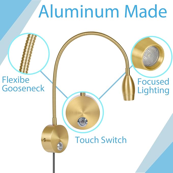 Adust Bedside Reading Light, Bedroom Reading Lamp, 3W LED Touch Dimmable Brightness Minimalist Wall Headboard Reading Lamp, Adjustable Colour Temperature, 3000k, 4000k, 6000k (Gold (1-Pack))