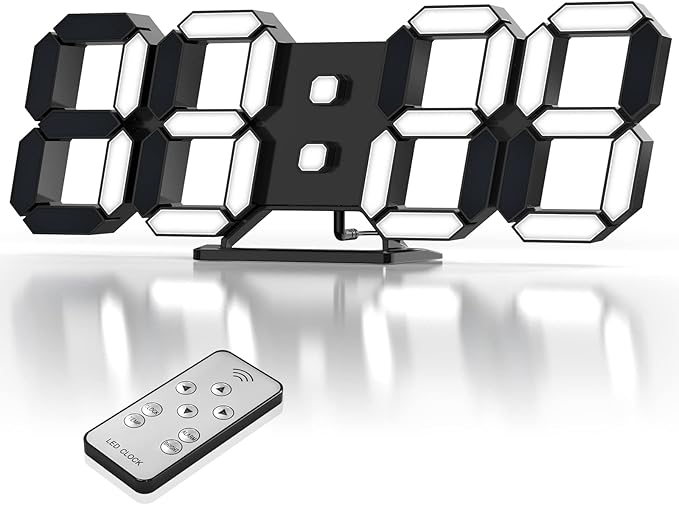3D LED Clock Desk Alarm Clock Wall Clock with Remote Control, 9.7" LED Electronic Clocks, Snooze Model, Temperature, Night Light Auto/Custom Brightness