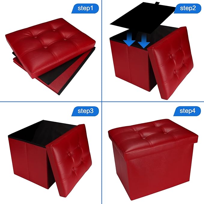 Bsketa Storage Ottoman, Folding Foot Stool with Thicker Foam Padded Seat Small Leather Storage Ottoman Bench Foot Rest for Living Room Foldable Coffee Table 17x13x13in,Red