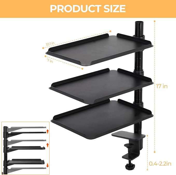 GCCSJ Desk Extender，3 Tier Desk Clamp Shelf，360° Rotatable & Height-Adjustable Clamp on Desk Shelf for Study/Office/Kitchen/Game Room，Maximum Desktop Thickness 2.2 Inch