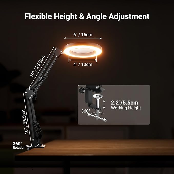 NEEWER Entry Level Version 10X Magnifying Glass with Light & Clamp Stand, 6.3" Bi Color Dimmable Magnifier Lamp LED Ring Light CRI80+ for Desk Crafting Reading Close up Work, N19