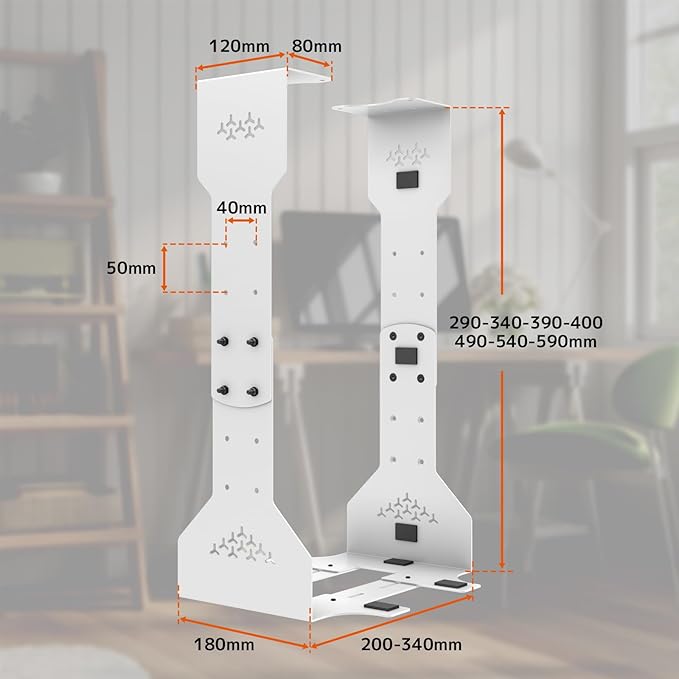 PUTORSEN Under Desk PC Mount, 7.9-13.4’’ Width Adjustable Computer Tower Stand, up to 77 lbs, with Protective Mats, for Mid/Mini-Tower Case in Office,Gaming, Laboratory and Home, White