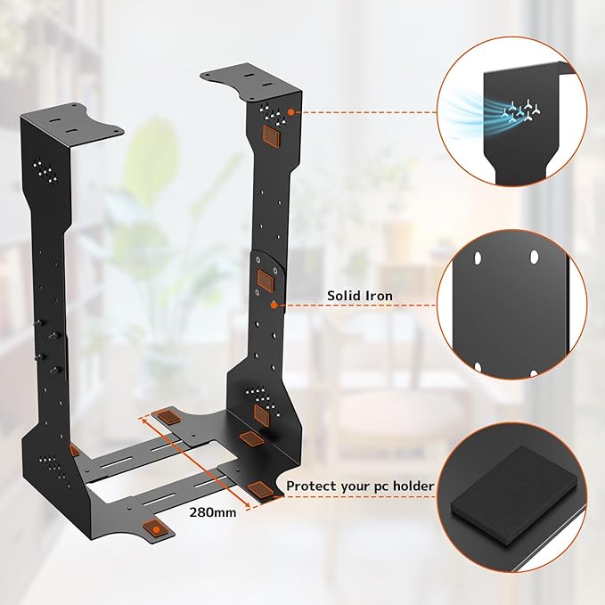 PUTORSEN Under Desk PC Mount, 7.9-13.4’’ Width Adjustable Computer Tower Stand, up to 77 lbs, with Protective Mats, for Mid/Mini-Tower Case in Office,Gaming, Laboratory and Home, Black