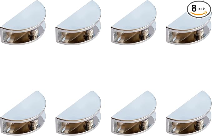 8-Pack Adjustable Metal Shelf Brackets, Semi-Circular Glass Clips, Wall Mount Support Clamp Holder for 6-10mm Shelves in Bathroom, Kitchen, Closet & Living Room, Chrome Plated Cabinet Hardware