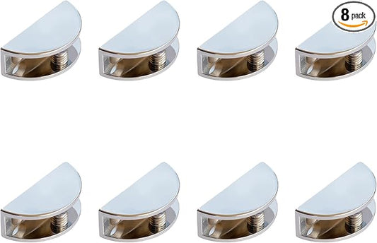 8-Pack Adjustable Metal Shelf Brackets, Semi-Circular Glass Clips, Wall Mount Support Clamp Holder for 6-10mm Shelves in Bathroom, Kitchen, Closet & Living Room, Chrome Plated Cabinet Hardware