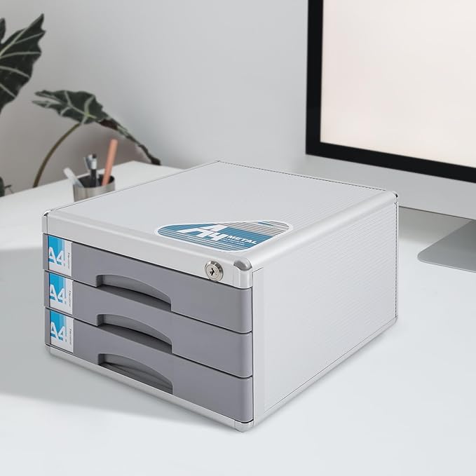 Desktop Drawer Organizer Lockable File Cabinet with Drawers Unit Office Desk Storage Organzier for Documents Papers Mail Notebooks Stationery (3-layer)