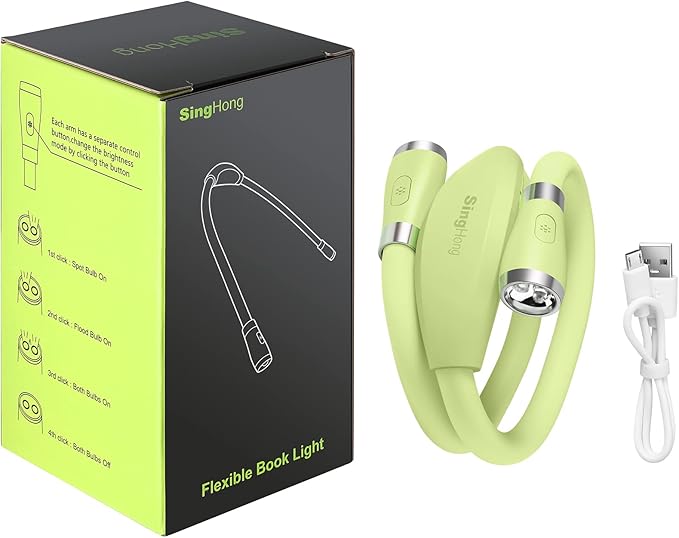 Neck Book Light LED Reading Lamp USB-C Rechargeable, Hands Free, 4 LED Bulbs, 4 Adjustable Brightness, for Reading in Bed or Reading in Car (Green)