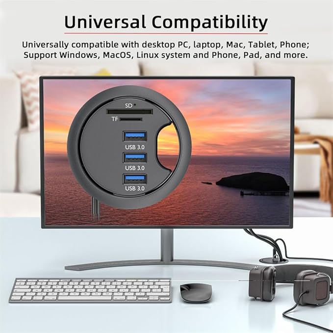 NFHK USB 3.0 Hub SD TF 3 Port USB 60mm Desk Grommet Splitter Dock Station Micro-SD Card Reader for Desktop PC Desk