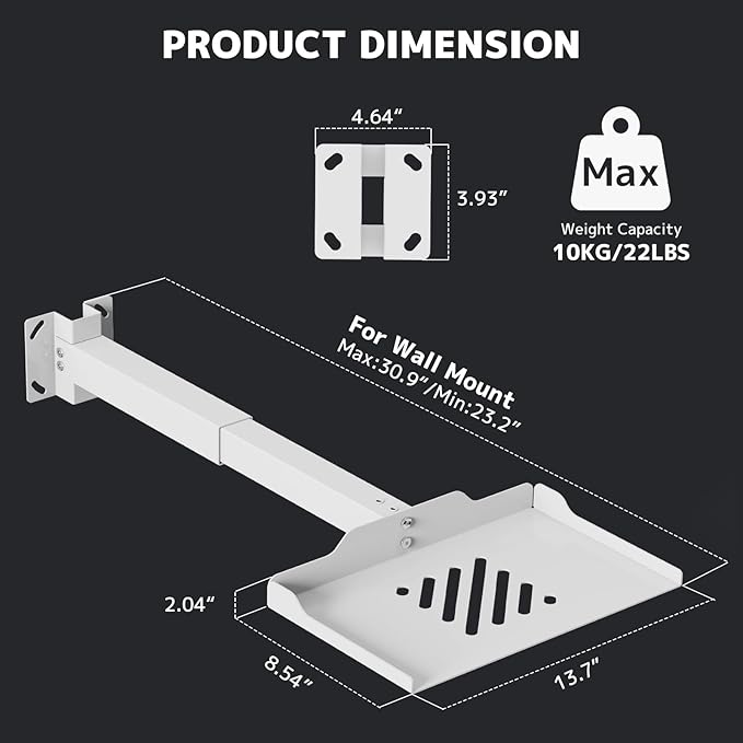 PUTORSEN Adjustable Projector Ceiling Mount,Universal Projector Shelf for Ceiling and Wall, Holds up to 22lbs，No Hole Installation, Hidden Cable Routing, White