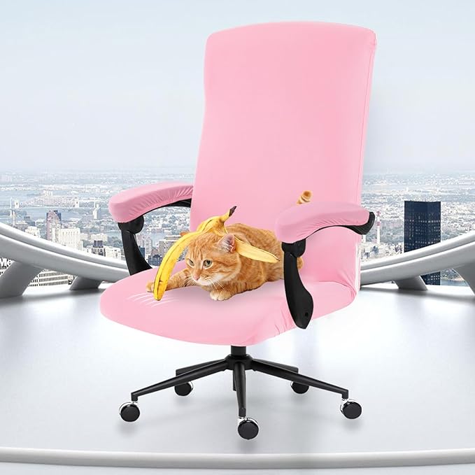 Stretch Computer Office Chair Cover with Armrest Covers Durable Zipper Universal Washable Removable Spandex Rotating Boss Chair Slipcovers Anti-dust Soft Desk Chair Seat Protector, Pink