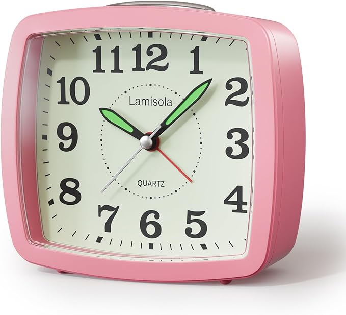 Lamisola Battery Analog Travel Alarm Clock, Small Clock for Bedroom, Desk Table Shelf Clocks for Room Office Bathroom Vanity, Aesthetic Retro Clocks for Kids Girls, Pink
