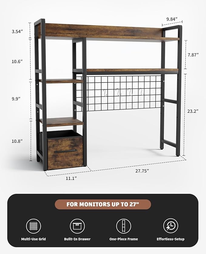 Desk Hutch for Computer Monitor, 38.6" Over Desk Shelf with Grid Panel & Woven Drawer, 4-Tier Sturdy Metal and Wood Tabletop Storage Rack for College Dorm, Home Office, Rustic Brown
