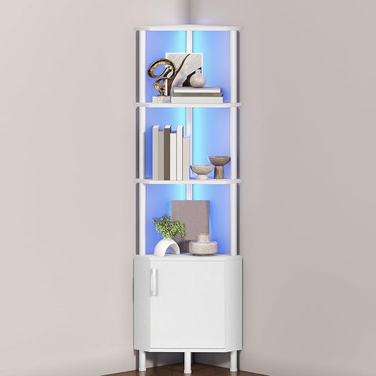 HOOBRO Corner Cabinet with LED Light, Corner Shelf Stand with Storage and Doors, 5-Tier Industrial Corner Bookshelf, 59” Tall Display Rack Shelf, for Living Room, Kitchen, White WT147DCJ01