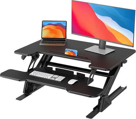 HUANUO 32" Z Shaped Stable Standing Desk Converter, Height Adjustable Sit Stand Up Desk Riser, Dual Monitor and Laptop Workstation with Wide Keyboard Tray, Desk Lifter for Home Office