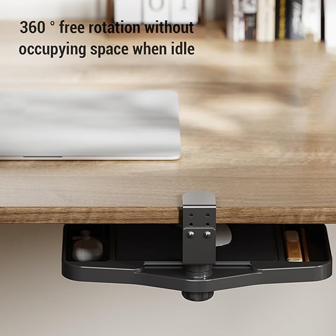 Clamp on Platform, Adjustable Under Desk Rotating Tray, Ergonomic Desk Extender with Multifunctional Storage Box for Office and Gaming Use