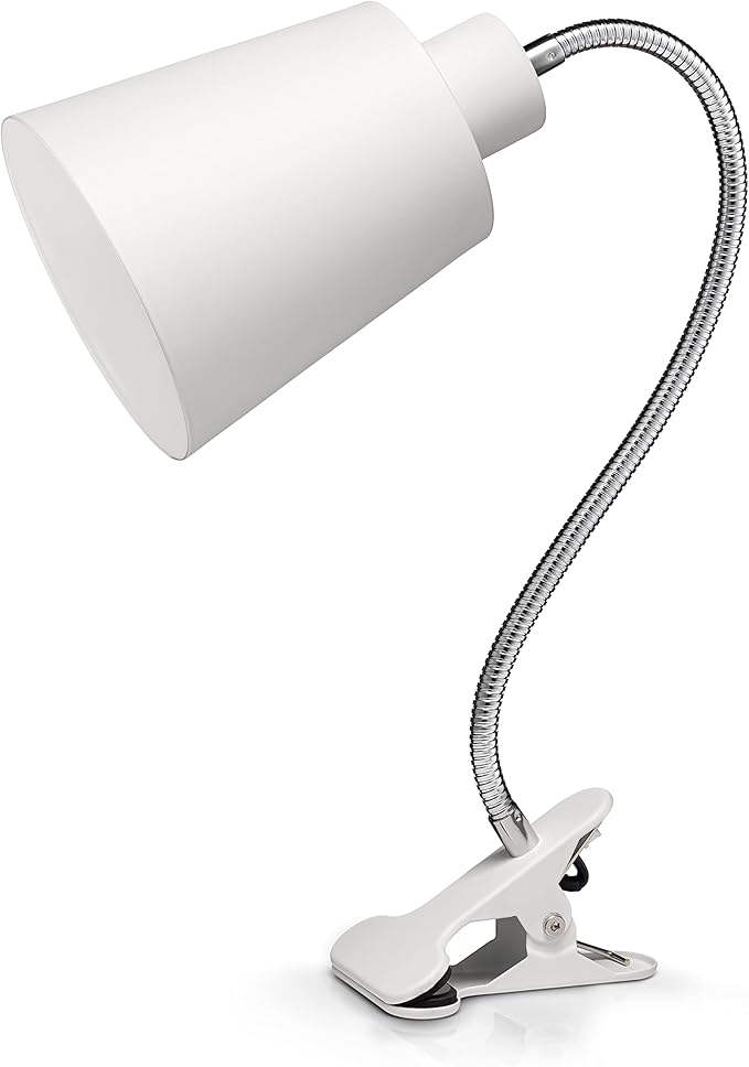 Clip On Desk Lamp w/Flexible Gooseneck - Portable E26 Dorm, Home & Office Lighting for Reading & Crafts - Clamp Light for Desk, Laptop Table & Headboard, White