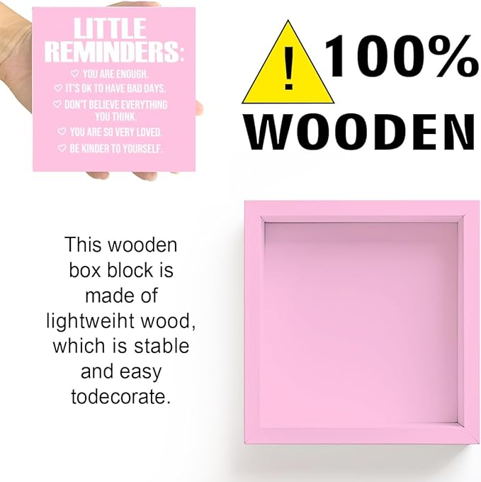 LVQHI Pink Decor For Desk, Little Reminders Sign Wood Box,Inspirational Office Desk Decor For Women, Small Motivational Office Table Accessories Decoration Signs 5"x5"x1.2" In