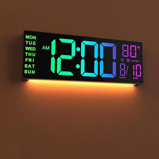 JALL 13" Large Digital Wall Mount Clock, Count Down Timer, Alarm, Big LED, DST, Temperature for Living Room Classroom Desk, Xmas, Birthday Gift for Senior Mom Dad, RGB