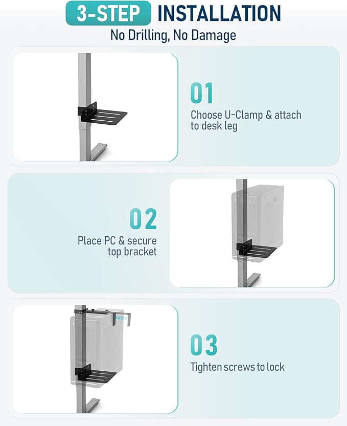 TOPSKY Adjustable Under-Desk PC Mount, No-Drill Computer CPU Holder for Standing Desks, Supports up to 50 lbs, Easy Installation, Compatible with Most Standing Desks (Black)