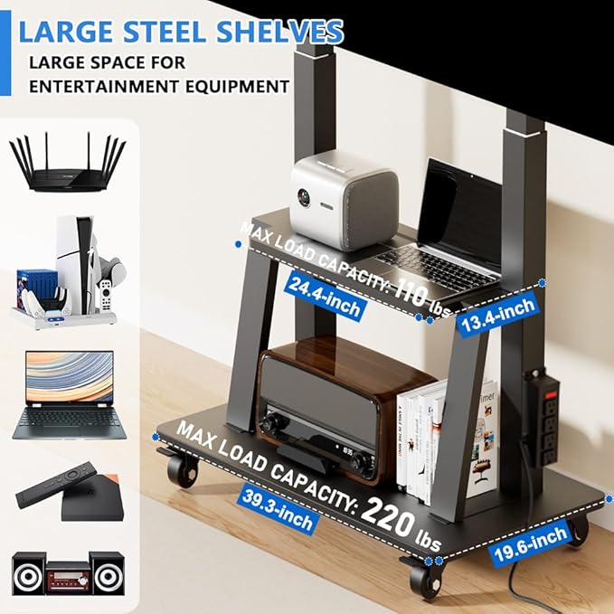 Mobile TV Cart with Power Outlet Rolling TV Stand for 42 to 100 inch Television Heavy Duty Portable TV Stand on Wheels, Height Adjustment, Holds Up to 180 LBS, Vesa 200×200-900×600mm