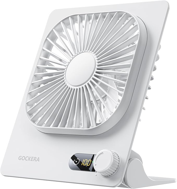 GOCKERA Desk Fan, 6.61''Ultra-thin Battery Powered Fan with Powerful Wind,100 Speeds Adjustable&Digital Display,Timer,Ultra-quiet Small Portable Fan for Bedroom,Office,Travel (White, 5000mAh)