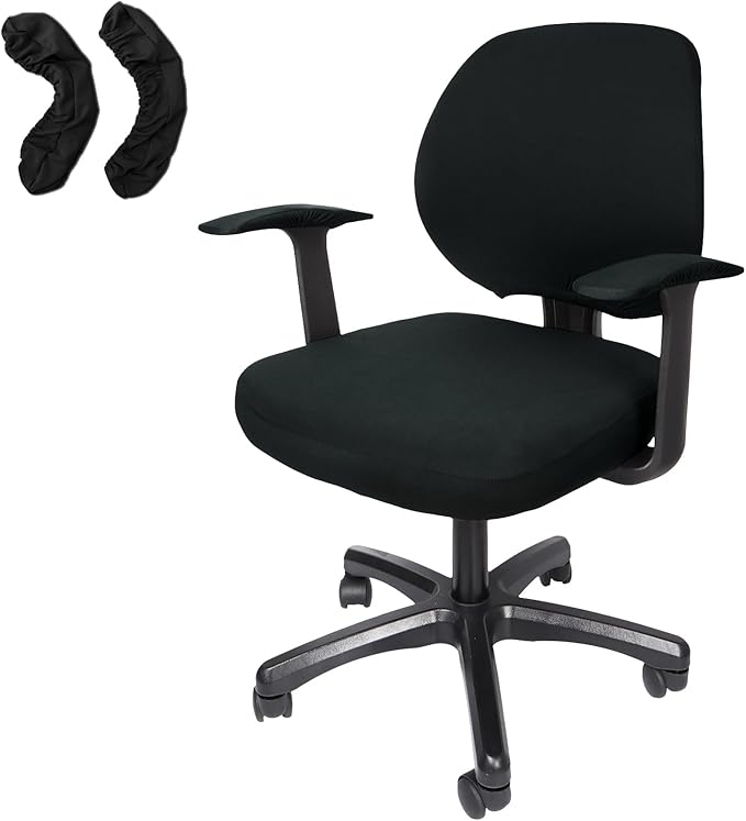 WOMACO Office Computer Chair Cover with Armrest Covers, Stretch Universal Rotating Rolling Desk Chair Slipcover, 4 PCS Stretchable Office Chair Seat Protector (Black, with Armrest Covers)