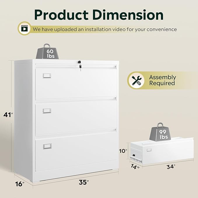 DEVAISE Metal Lateral File Cabinet with Lock, 3 Drawer Filing Cabinet with Business Card Holder, Suitable for Home Office School Hanging Files Letter/Legal/F4/A4 Size, White