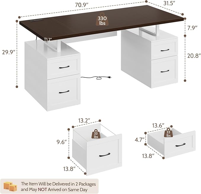 Farmhouse Desk with Drawers & Power Outlet, White Home Office Desk with File Organizer, 71" Executive Desk with Storage, Computer Desk with Privacy Panel