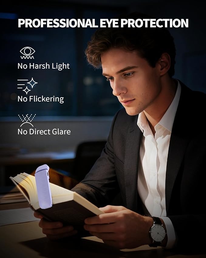 HEMONNKAM Book Reading Light, 2 Pack Rechargeable Clip on Booklight, Eye Caring 3 Color Temperatures & 5 Brightness Levels, Night Use for Bed, Long Lasting, Reading at Night in Bed, Purple+Black