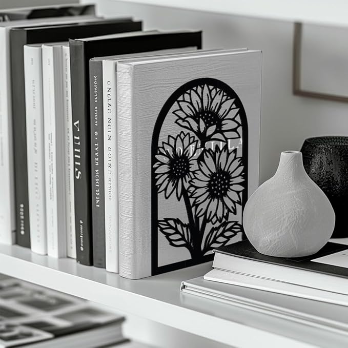 Peacoblue Metal Bookends for Shelves, Modern Decorative Heavy Duty Study Book Support Stoppers for Office, Desk, Shelf, Room 5.3"x4.3"x7.9" Cast Iron Simple Tall Bookends, 1 Pair (Sunflowers)