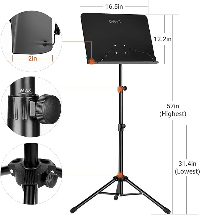 CAHAYA Music Stand for Sheet Music - Dual-use Converts to Desktop Stand Portable& Foldable 31.4-57in Height Adjustable Sturdy to Holds Thick Book or Tablet Include Carrying Bag Sheet Music Folder Clip