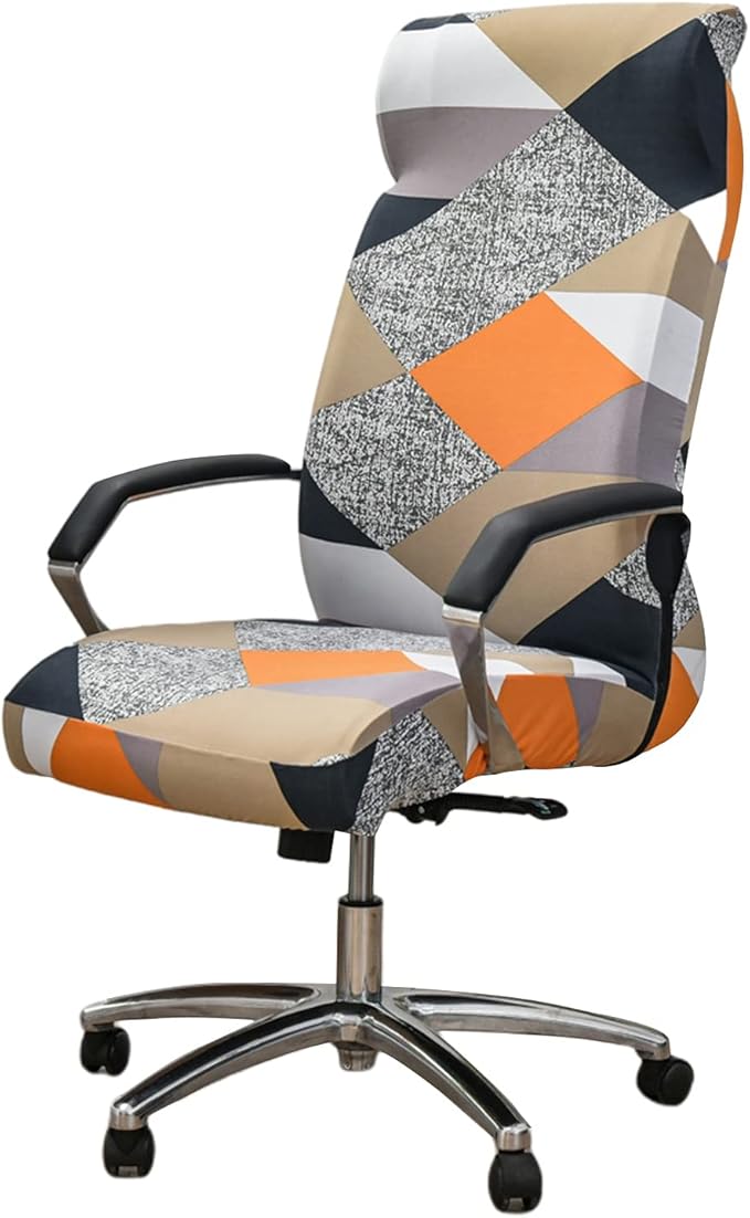 Stretch Office Chair Cover with Zipper Printed Computer Chair Cover for Armrest Chair Universal Removable Spandex Rotating Boss Chair Slipcovers Soft Desk Chair Seat Protector for Dogs, Cats (L, 12)