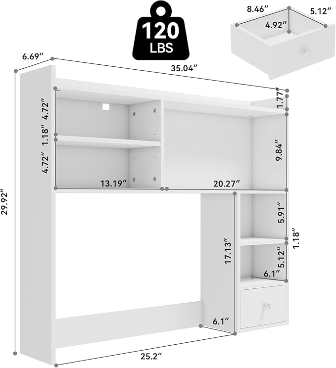 ELECWISH Desktop Bookshelf, Desk Hutch with Drawer for Computer Desk, 35.04" 6-Tier Adjustable Desktop Shelf Organizer for Home Office, White