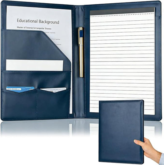 Padfolio Portfolio Binder, Faux Leather Folder, Resume Interview Legal Document Organizer, Letter Sized Writing Pad w/Business Card Holder, A4 Professional Folio for Office Conference (Blue)