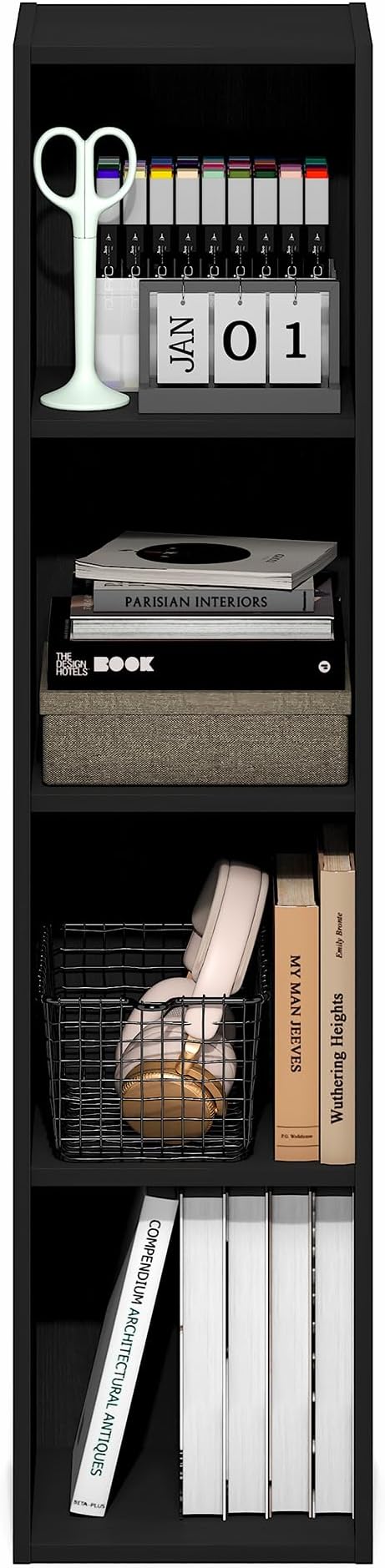 Furinno Fulda Book Shelf, 4-Tier Narrow Bookshelf, Standing Bookcase with 10-in Width Storage Shelf, 9.3 x 9.8 x 41.6, for Organization and Storage, for Living Room, Bedroom, Home Office, Blackwood