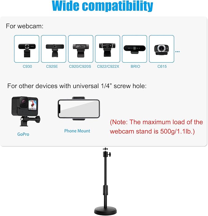 Webcam Stand for Desk, 18 Inch Webcam Tripod Camera Stand with Phone Holder Desktop Webcam Mount for Logitech Webcam C920 C922 C925e C922x C930e C930 C615 and BRIO