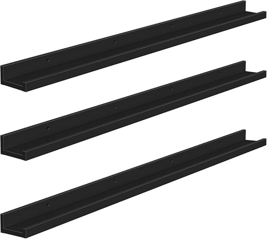 HOOBRO Floating Shelves, Wall Shelf Set of 3, 47.2 Inches Hanging Shelf with Raised Edge and Invisible Brackets, for Bathroom, Bedroom, Kitchen, Office, Living Room Decor, Black BK92BJ01