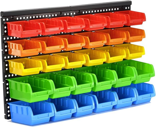 30-Bin Wall Mounted Storage Bins Kit, Tool Organizer Rack, Garage Hardware Organizer, 5 Color Parts Storage Bins, DIY Combination