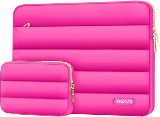 MOSISO Laptop Case 13.3 inch,13-13.3 inch Puffy Laptop Sleeve Compatible with MacBook Air 13.6 M5 M4 M3 M2 M1/Neo/Pro 13/14,HP Dell ASUS Lenovo,Polyester Horizontal Bag with Small Case, Rose Red