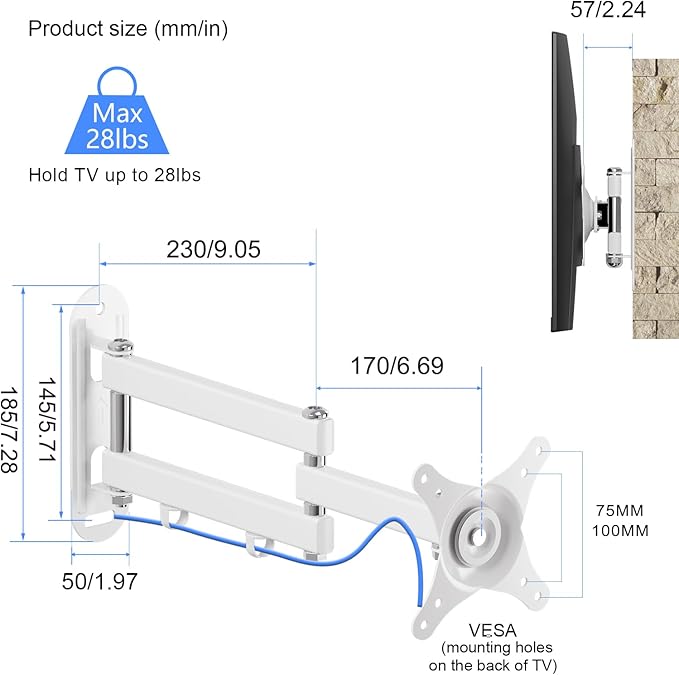 Suptek TV Wall Mount Swivel Tilt Rotation Full Motion Adjustable Articulating for Most 15-32 inch LED, LCD Monitor Wall Mount VESA 75,100, White (MA2720W)