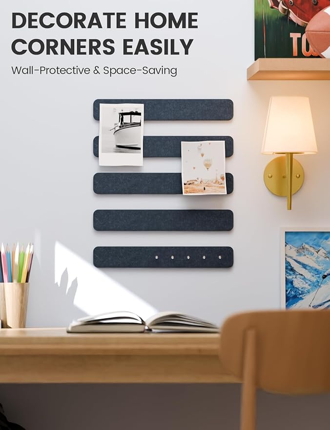 Fluxynara Cork Board Alternative Felt Strip Board 8-Pack 13"x2", Office Pin Board with 50 Push Pins, Adhesive Install for Bedroom Door & Home Office(Deep Charcoal Blue)