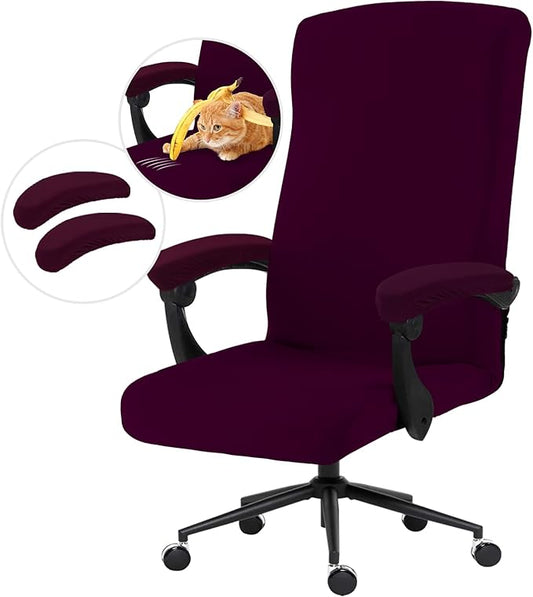 Stretch Computer Office Chair Cover with Armrest Covers Durable Zipper Universal Washable Removable Spandex Rotating Boss Chair Slipcovers Anti-dust Soft Desk Chair Seat Protector, Plum