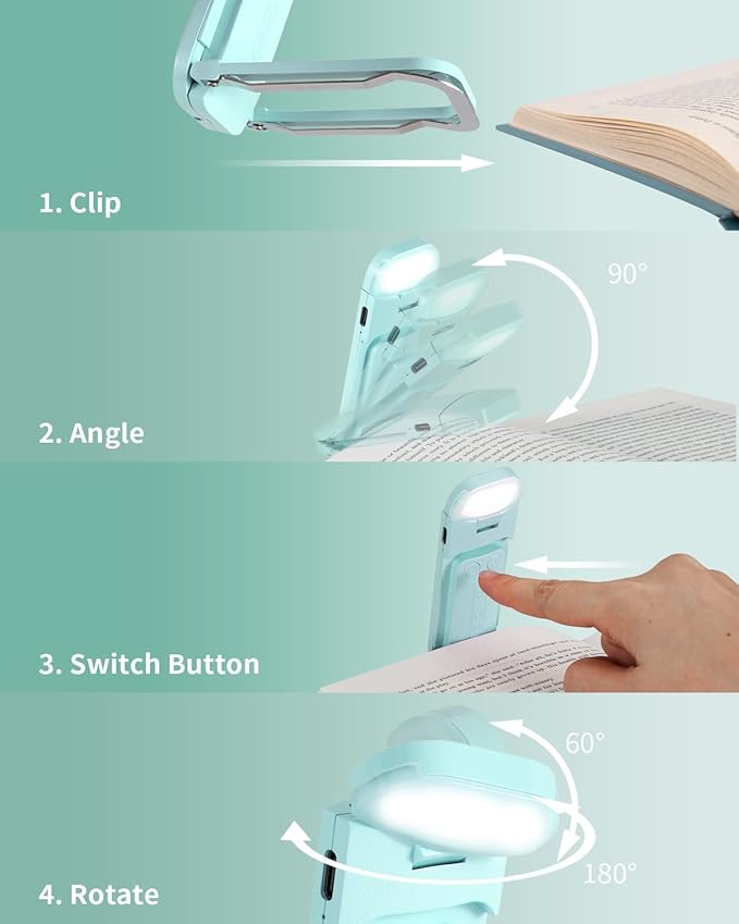 HEMONNKAM Book Reading Light, Rechargeable Clip on Booklight, Eye Caring 3 Color Temperatures & 5 Brightness Levels, Night Use for Bed, Long Lasting, Reading at Night in Bed, Light Blue