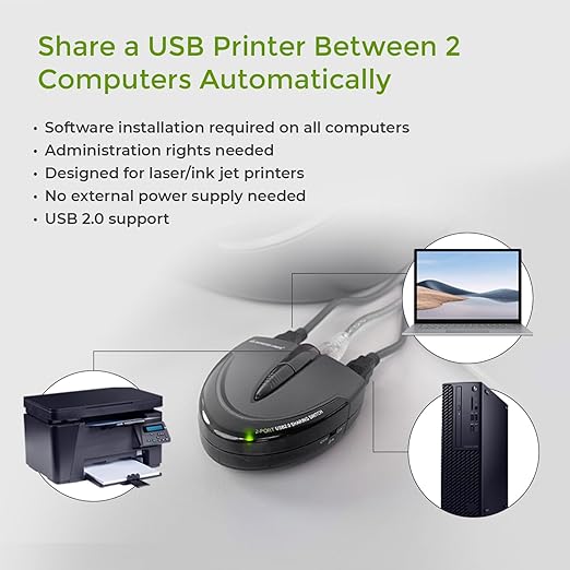 IOGEAR 2 Port USB 2.0 Switch - Auto Printer Switch - Manually or Auto Control - LEDs Indicate - Plug n Play - GUB231